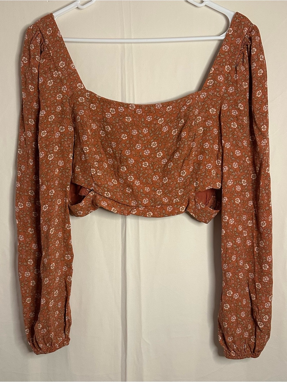 Boho Rust Floral Long Sleeve Crop Top Waist cutout prairie peasant cottagecore L